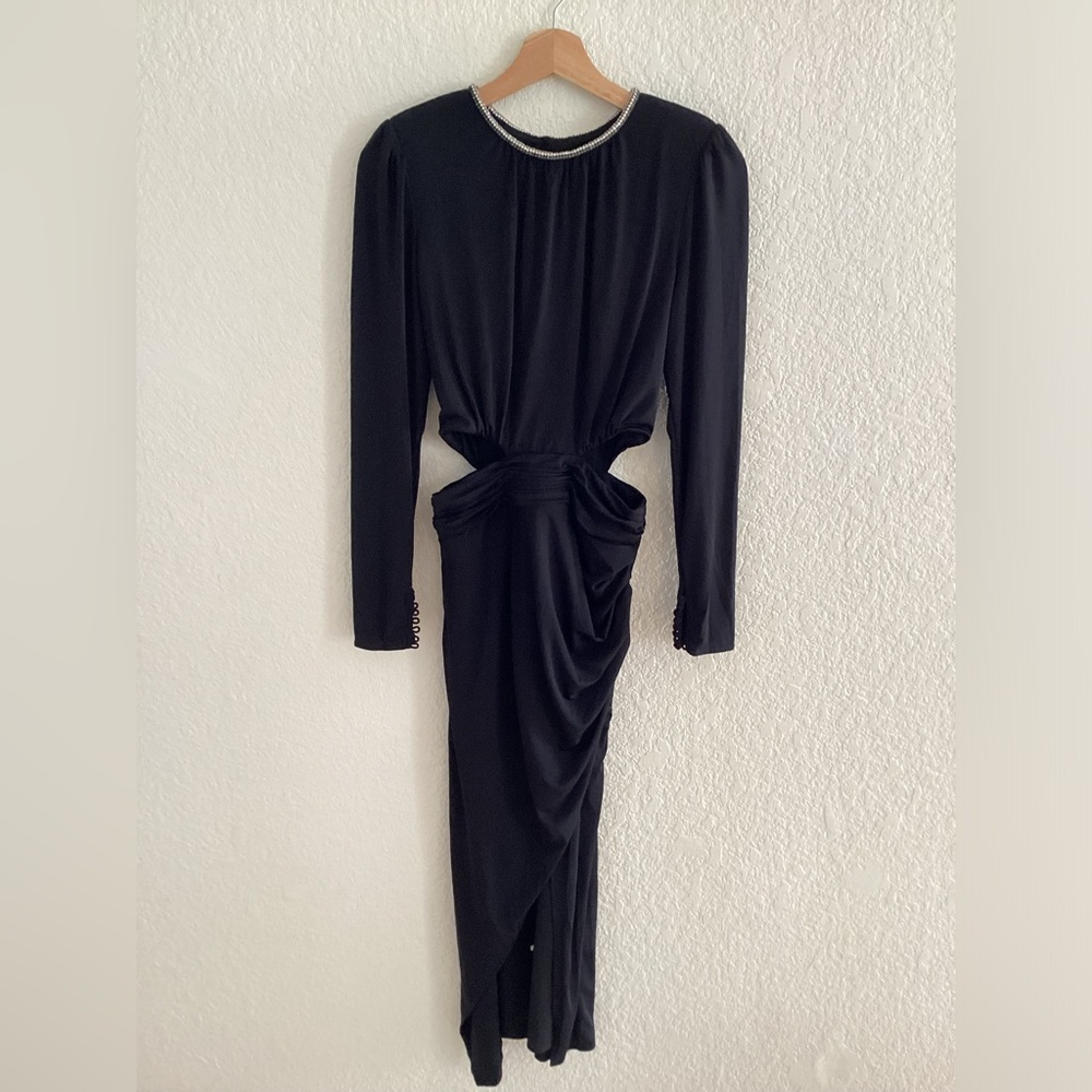 SELF-PORTRAIT Long Sleeve Cut-Out Rhinestone Black Jersey Midi Dress - Picture 4 of 10